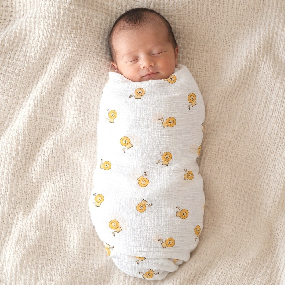 Aden + Anais Cotton Muslin Swaddle Blanket White Yellow Lion Print E12T111P1